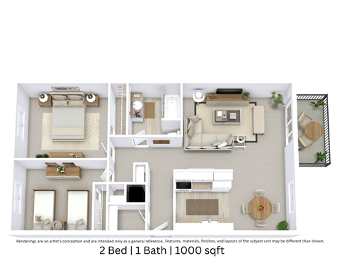 This is a 3D-floor plan providing a detailed, angled view of the space with room layouts, furniture placement, and spatial flow. Features 2 bedroom/s, 1 bathroom/s, and approximately 1000 Sq. Ft